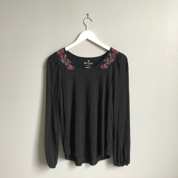 Black AE long sleeve top - rose embroidery - small - Picture 1 of 4